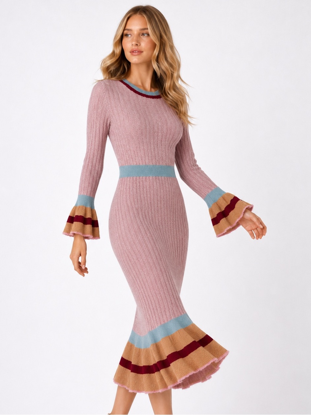 Endless Rose Ribbed Knit Midi Dress Pink Bell Sleeve Spring Feminine Small NWOT